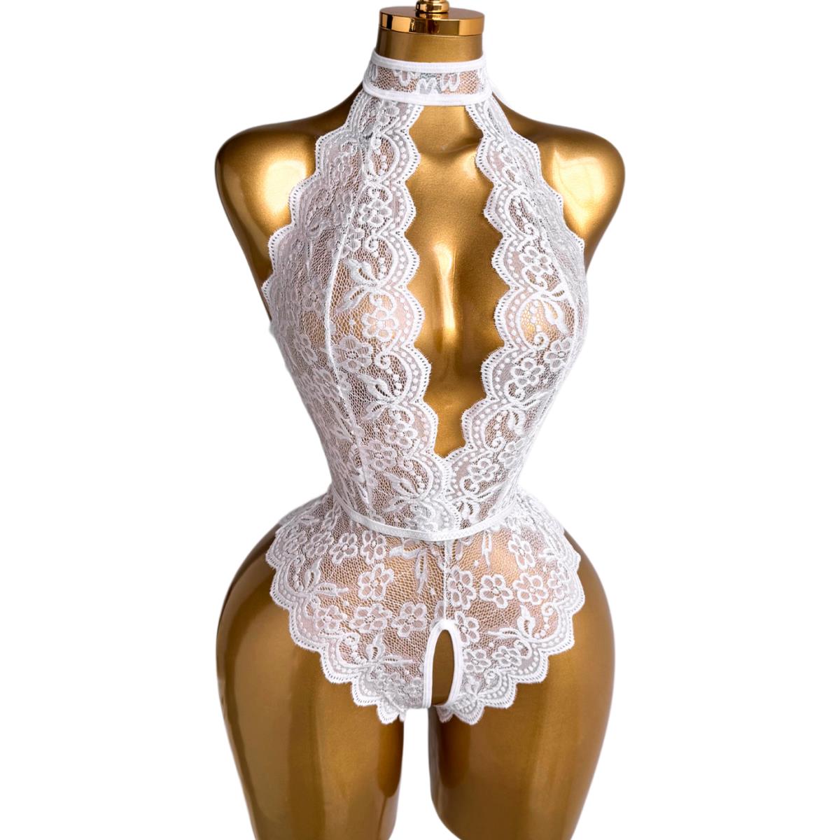 White Halter Neck Floral Lace  - Lace Teddy Lingerie review and price
