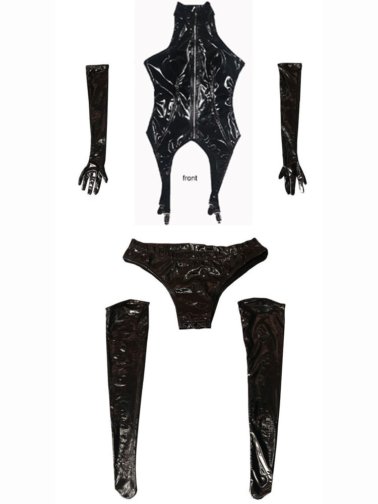 4PCS/SET Wet Look PVC Catsuit  - Garter Belt Set review and price